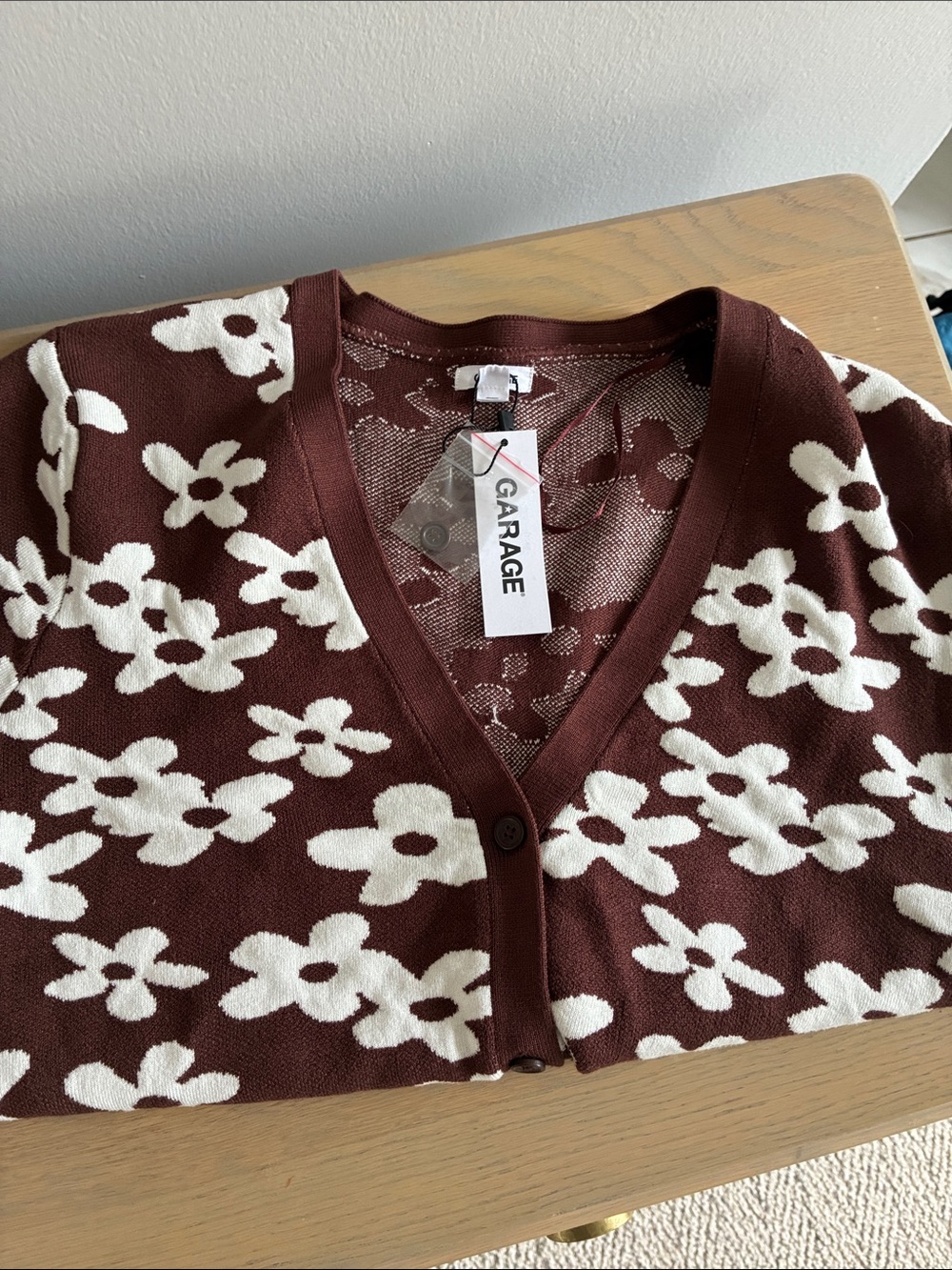 Garage Brown and White Floral V-Neck Short Sleeve Cardigan